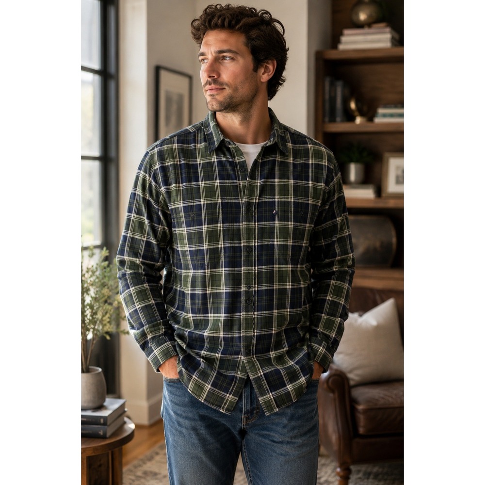 Polo Jeans Ralph Lauren Shirt Mens Medium Green Plaid Button Up Gorpcore Grunge